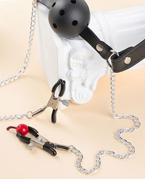 PU Leather Mouth Gag Ball Oral Sex With Chain Nipple Clip